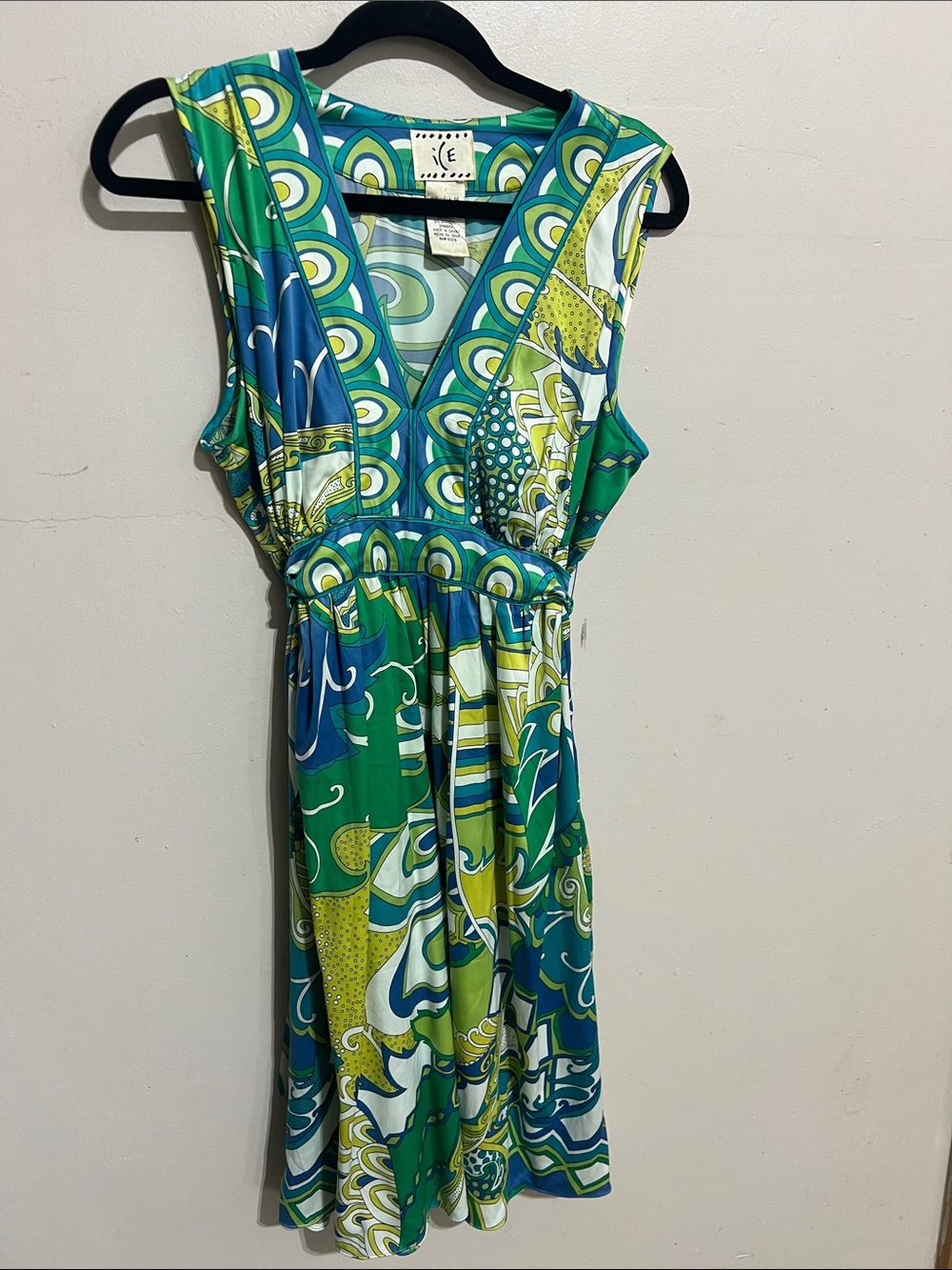 Ice Vintage Retro Groovy Green & Blue Swirl Print B-Neck Flowy Midi Dress L 14